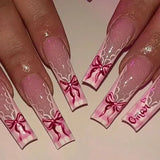 Taooba Christmas nail 24Pcs Long Ballet False Nails Pink Butterfly with Rhinestones French Design Wearable Fake Nails Glitter Press on Nails Tips Art