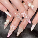 Taooba Christmas nail 24Pc Long Stiletto Press On Nails Cherry Pink French False Nails With 3D Bow Pearls Design Detachable Acrylic Fake Nail Art Tips