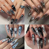 Taooba Punk Cool Style Black Flame Love Heart Press on Nails Butterfly Star Long Pointed False Nails Art Fake Nails Charms Y2K Manicure