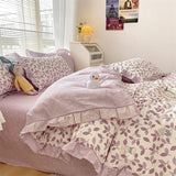 Taooba-Lovely Princess Flower Print Ruffles Bedding Set 100% Cotton Cute Girls Duvet Cover Set with Bed Sheet Kawaii Bedding Sets Soft