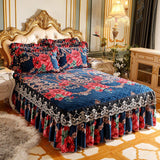 Taooba-Thick Bedspread Warm Velvet Bed Covers Skirt Floral Print Pattern Lace Bedding Queen Bedded Set Mattress Cover Decor Decoration