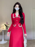 Taooba  party look inspos French Solid Autumn Winter Knitted Dress Elegant Women New Peter Pan Collar High Waist Long Dress Lady Office Sweater Vestidos