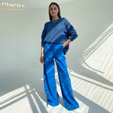 Taooba Christmas Gift outfit  Blue Office Women'S Pants 2021 Fashion Loose Full Length Ladies Trousers Casual High Waist Wide Pants For Women