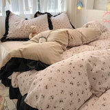 Taooba Christmas Gift Bedding Set Korean Style 2024 New  Small Floral Water Washed Cotton Lace Duvet Cover Set Queen Size