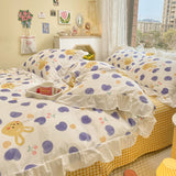 Taooba-Lovely Princess Flower Print Ruffles Bedding Set 100% Cotton Cute Girls Duvet Cover Set with Bed Sheet Kawaii Bedding Sets Soft