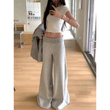 Taooba party outfit  Spring Gray Splicing Wide leg pants Contrasting Casual Pants Wide Elastic High Waist Women Straight Leg Chic Street Trousers