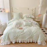 Taooba Chiffon Lace Princess Bedding Set Queen Size Pink Hand-made Pleat Pearl Ruffles Duvet Cover Bedclothes Sheet Pillowcases