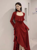 Taooba  party look inspos Spring Red Vintage Elegant Dress Women Flare Sleeve Designer Sweet Long Dress Female Ruffles Retro Princess Irregular Dress 2024