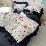 Taooba Korean version the butterfly knot towel embroidered quilt cover washed cotton black lace four-piece bedding set girly student