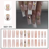 Taooba 24 Fashionable Long Coffin Shaped French&flower Pattern 3D 3D Dot Diamond Fake Nails ABS Full Face Glossy Fake Nails