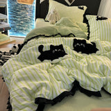 Taooba Christmas Gift Korean Style Bedding Set Green Strip Black Cat Embroidery Washed Cotton  Duvet Cover Cute Cardboard  Bed linen Comforter Sets