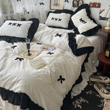 Taooba Christmas Gift Korean Princess Style Kawaii Girl Black Bow Bedding Set Skin-friendly Soft Duvet Cover Set Bed Sheet Or Bed Skirt Pillowcases