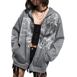 Taooba Harajuku E-girl Gothic Dark Academia Sweatshirts Grunge Punk Letter Wings Graphic Zip Up Hoodie Y2K Aesthetic Mall Goth Coat