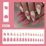 Taooba Christmas nail 24Pcs Short Round Head Pink Fake Nails with Rose Flowers leaf Pattern Wearable Almond False Nail Full Cover Press on Nails Tips