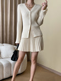 Taooba- Khaki Two Piece Knitted Pleated Cardigan and Skirt Set