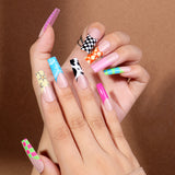 Taooba 24 pieces of long coffin shaped French cloud&flower&checkered pattern fake nails enhance your style