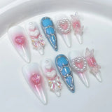 Taooba Christmas Nail  10pcs Aurora Gradient Pink Stiletto Almond Press On Nails Blue Long Fake Nails with 3D Heart Butterfly Sweet Cool Nail Tips Art