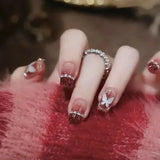 Taooba Christmas nail 24pcs Red Ballet False NailsButterfly Fake Nail Glitter Short with Rhinestone French Design Full Cover Press on Nails Tips Art