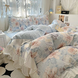 Taooba Christmas Gift French Romantic Style Bedding Set Princess Skin Friendly And Comfortable Quilt Cover Lace Washed Cotton Printed Duvet  Cover Set