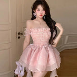 Taooba  party look inspos Summer Sweet Pink Fairy Dress Women Japanese Off Shoulder Sexy Kawaii Lolita Dress Female Casual Korean Style Party Mini Dresses