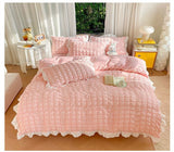 Taooba Luxury Seersucker Washed Cotton Bedding Set INS Girls Princess Bedding Set with Lace Solid color Bedclothes Sheets Pillowcase