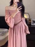 Taooba  party look inspos Autumn Sweet Elegant Long Dress With Sashes Women Casual Lantern Sleeve Slash Neck Midi Fairy Dress Female A-Line Party Vestidos