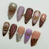 Taooba 10Pcs Handmade Manicure Medium Almond Fake Nails New Cute Ballet Limited Nails Press On Nails Design with Adhesive Nail File Set