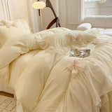 Taooba Christmas Gift French Princess Style Bedding Sets Ruffle Lace Bow Quilt Cover Romantic Bedclothes Decor Woman Girls Bedroom Duvet Cover 4pcs