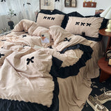 Taooba Christmas Gift Korean Princess Style Kawaii Girl Black Bow Bedding Set Skin-friendly Soft Duvet Cover Set Bed Sheet Or Bed Skirt Pillowcases