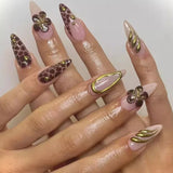 Taooba Christmas nail 24pcs Leopard Print Fake Nails with Glue Almond Acrylic Press on False Nails Gold Lines French Nail Tips Sweet Cool Autumn Nails