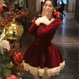 Taooba  party look inspos Elegant Velvet Lace Ruffles Patchwork Short Dresses for Women Long Sleeve A-line Korean Fashion Christmas Birthday Party Dress