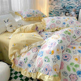 Taooba-Lovely Princess Flower Print Ruffles Bedding Set 100% Cotton Cute Girls Duvet Cover Set with Bed Sheet Kawaii Bedding Sets Soft