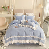 Taooba Christmas Gift Elegant Lace Bedding Sets Luxury Bed Linen Princess Washed Cotton Ruffle Duvet Cover Bed Sheet and Pillowcases for Girl Luxury