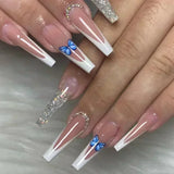 Taooba Christmas nail 24Pcs Long Ballerina False Nails Press on Nails Serpentine Flower with Rhinestones French Fake Nails Wearable White Nail Tips