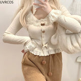 Taooba  party look inspos Sweet Lolita Style Short Cardigan Women Kawaii Lace Patchwork Ruffles Bow Knitted Coat Korean Fashion Chic Buttons Cute Crop Top