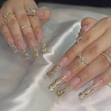 Taooba Christmas Nail  24Pcs Gold Ballet False Nails Long Coffin with Rhinestone French Wearable Fake Nail Transparent Decoration Press on Nail Tips