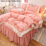 Taooba Christmas Gift Pink Lace Ruffle Bedding Set Luxury Bed Skirt Sheet Bedspread Korean Duvet Cover Girls Princess Bedspread Pillowcases