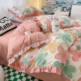 Taooba-Lovely Princess Flower Print Ruffles Bedding Set 100% Cotton Cute Girls Duvet Cover Set with Bed Sheet Kawaii Bedding Sets Soft