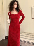 Taooba  party look inspos Autumn Red Sexy Bodycon Lace Midi Dress for Women Elegant Slim Waist Long Sleeve Vestidos Mujer Vintage Fashion Party Prom Robe