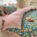 Taooba-Lovely Princess Flower Print Ruffles Bedding Set 100% Cotton Cute Girls Duvet Cover Set with Bed Sheet Kawaii Bedding Sets Soft