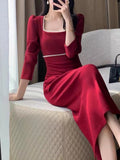 Taooba  party look inspos Autumn Fashion Vintage Women Red Dress Sexy Bodycon Slim Party Wedding Dresses Chic Elegant Female Clothes Robe Vestidos