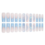 Taooba 24 Piece Long Coffin Blue French&flower Pattern Fake Nails ABS Full Cover Glossy Fake Nails Summer Collection