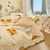 Taooba-Lovely Princess Flower Print Ruffles Bedding Set 100% Cotton Cute Girls Duvet Cover Set with Bed Sheet Kawaii Bedding Sets Soft