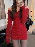 Taooba  party look inspos Winter Vintage Knitted One Piece Dress Women Off Shoulder Elegant Mini Dress Female Korean Fashion Designer Y2k Party Dress 2024