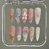 Taooba 10Pcs Handmade Manicure Long Almond Fake Nails 3D Ballet Shell Limited Nails Press On Nails Design with Adhesive Nail File Set