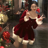 Taooba  party look inspos Elegant Velvet Lace Ruffles Patchwork Short Dresses for Women Long Sleeve A-line Korean Fashion Christmas Birthday Party Dress