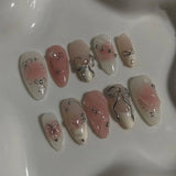 Taooba Christmas nail 24pcs Almond False Nails Ballerina Fake Nails Halo Dye Pearl Bow 3D Butterfly Design Art Detachable French Tips Nails Press on