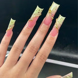 Taooba 24Pcs Pink False Nails Long Coffin Fake Nails Star with French Designs Wearable Ballet Press on Nails Full Cover Nail Tips Art