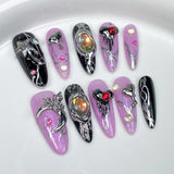 Taooba Christmas Nail  10pc Detachable Stiletto Almond Hot Girl y2k Press On Nails Ballet Black Fake Nails With Love Bow Purple Full Cover Nail Art Tip