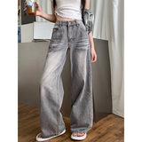 Taooba party outfit  Summer Grey Womens Jeans High Waist Baggy Casual Vintage Y2K Trend Straight Cargo Pants Street American Wide Leg Denim Trouser